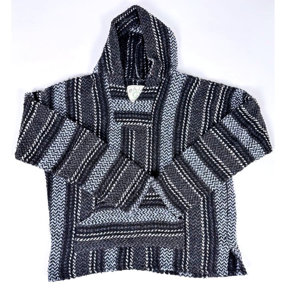 Baja Joe Sz Small Striped Drug Rug Hoodie Black Grey White Woven Mexican Poncho